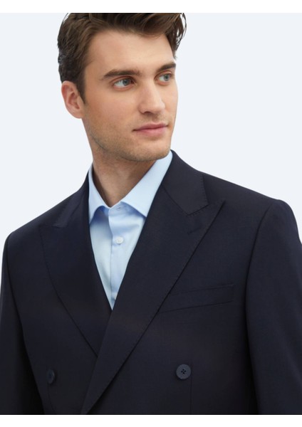 Lacivert Düz Modern Fit Yün Karışımlı Takım Elbise