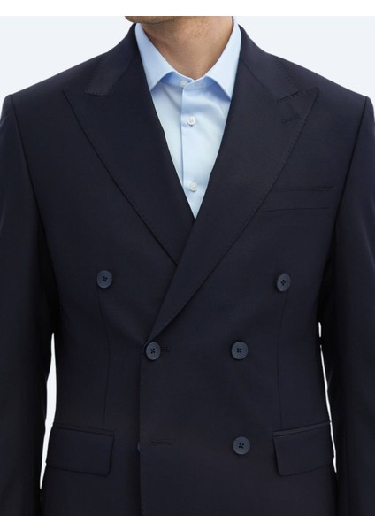 Lacivert Düz Modern Fit Yün Karışımlı Takım Elbise