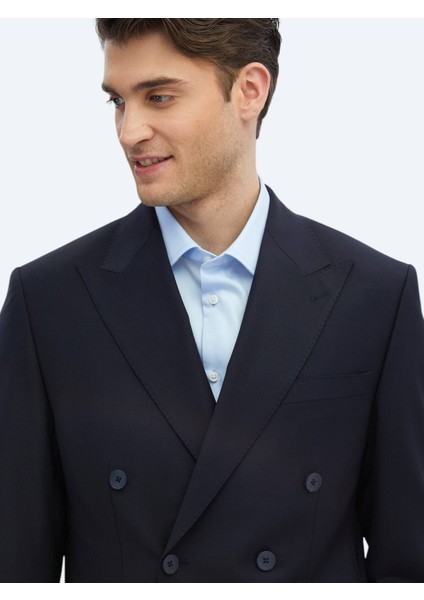 Lacivert Düz Modern Fit Yün Karışımlı Takım Elbise