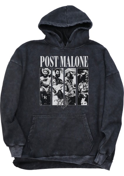 Unisex Post Malone Yazılı Kapüşonlu Yıkamalı Sweatshirt, Oversize Rapper Baskılı Retro Hoodie