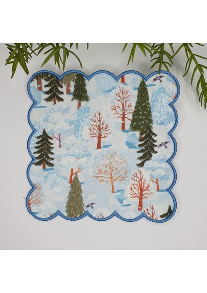 Sulu Boya Buzlu Orman Desenli Nakış Kenar Kumaş Kokteyl Peçetesi 1 Adet