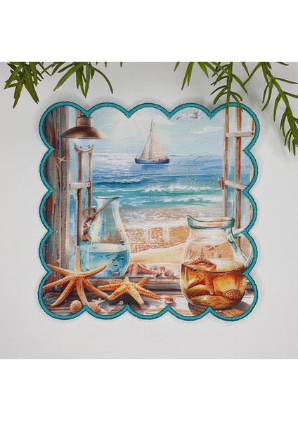 Sulu Boya Denize Açılan Pencere Tasarımlı Nakış Kenar Kumaş Kokteyl Peçetesi 1 Adet