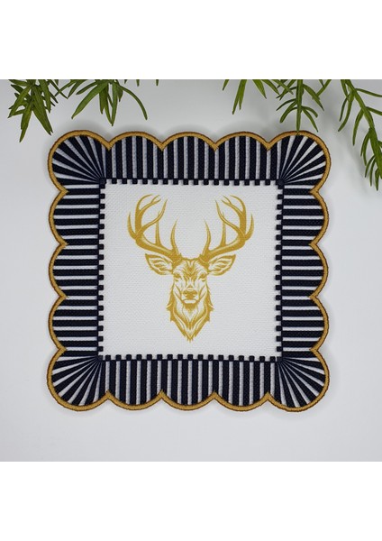 Dekoratif Kenar Altın Rengi Geyik Kafası Tasarımlı Nakış Kenar Kumaş Kokteyl Peçetesi 1 Adet