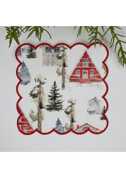 Sulu Boya Yılbaşı Konsept Evler ve Ağaçlar Manzara Desenli Nakış Kenar Kumaş Kokteyl Peçetesi 1 Adet