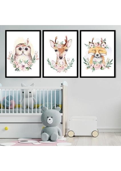 Çiçekli Baykuş, Geyik ve Tilki Üçlü Çerçeve ve Poster Seti - HA1003