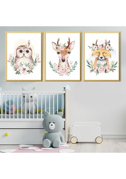 Çiçekli Baykuş, Geyik ve Tilki Üçlü Çerçeve ve Poster Seti - HA1003 modelleri