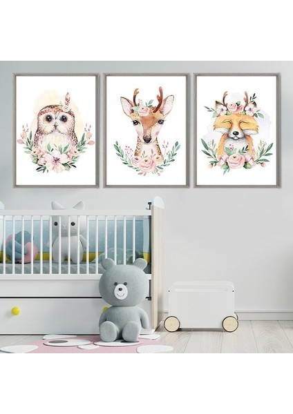 Çiçekli Baykuş, Geyik ve Tilki Üçlü Çerçeve ve Poster Seti - HA1003 fırsatları