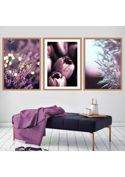 Mor Lavanta ve Lale Esintisi Üçlü Çerçeve ve Poster Seti - B1021