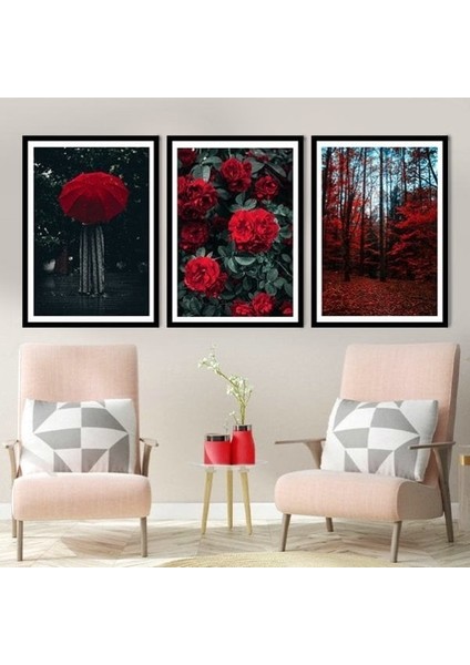 Bordo Orman Üçlü Çerçeve ve Poster Seti -B1007