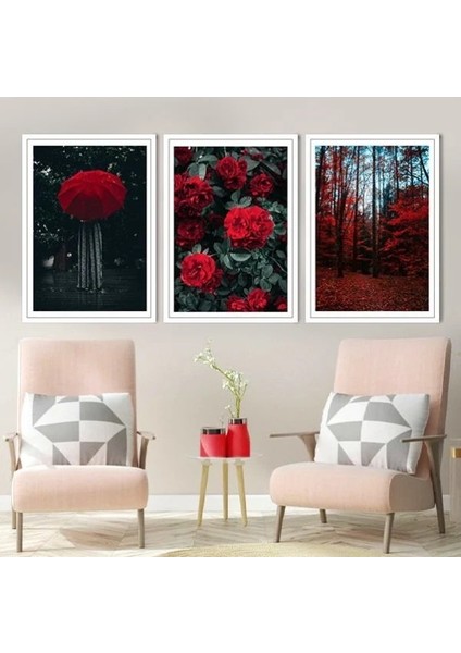 Bordo Orman Üçlü Çerçeve ve Poster Seti -B1007 fırsatları