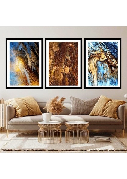 Gold ve Mavinin Uyumu Üçlü Çerçeve ve Poster Seti - G1005