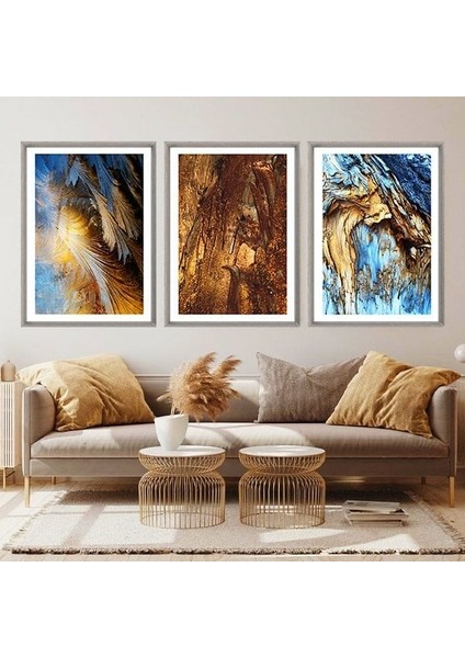 Gold ve Mavinin Uyumu Üçlü Çerçeve ve Poster Seti - G1005 fırsatları