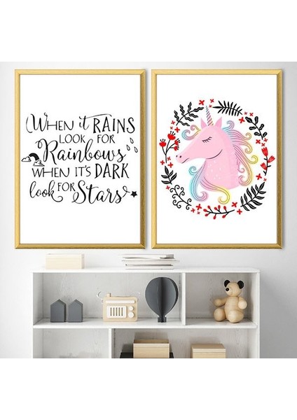 Unicorn ve Yağmur Ikili Çerçeve ve Poster Seti - HA1008