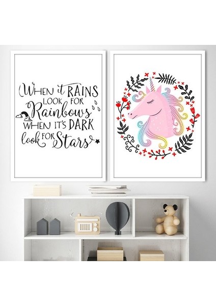 Unicorn ve Yağmur Ikili Çerçeve ve Poster Seti - HA1008