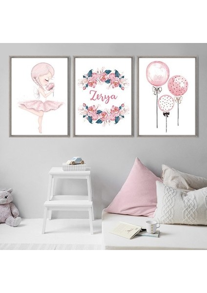 Balerin, Bebeğinizin Adı ve Balon Üçlü Çerçeve ve Poster Seti - HA1032