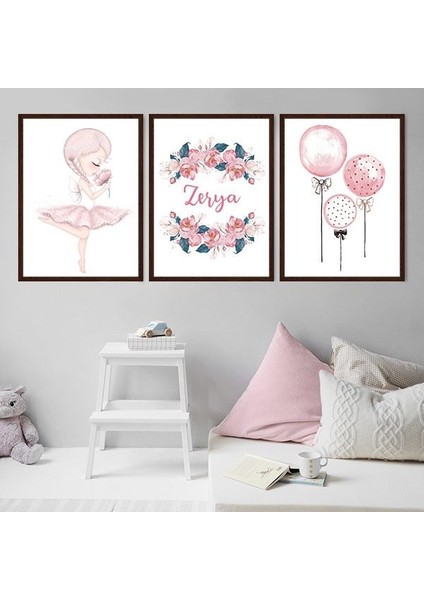 Balerin, Bebeğinizin Adı ve Balon Üçlü Çerçeve ve Poster Seti - HA1032