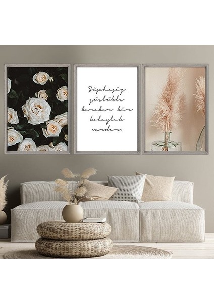Pampas & Gül Üçlü Çerçeve ve Poster Seti -B1003 fırsatları