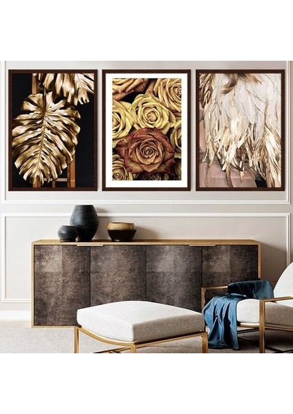 Gold Deve Tabanı & Gül &tüy Üçlü Çerçeve ve Poster Seti - G1000 fiyatları