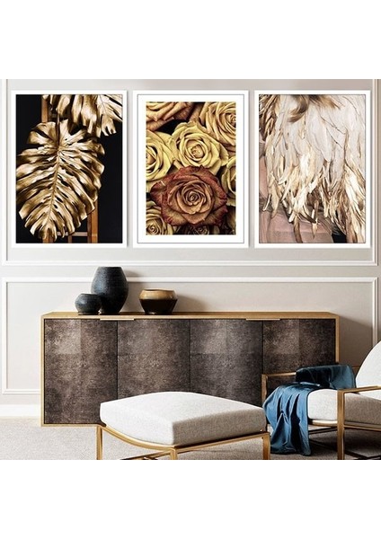 Gold Deve Tabanı & Gül &tüy Üçlü Çerçeve ve Poster Seti - G1000 modelleri