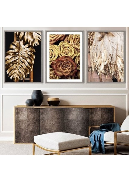 Gold Deve Tabanı & Gül &tüy Üçlü Çerçeve ve Poster Seti - G1000 indirimleri
