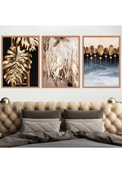 Gold Deve Tabanı & Taşlar &tüy Üçlü Çerçeve ve Poster Seti - G1002