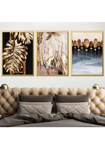 Gold Deve Tabanı & Taşlar &tüy Üçlü Çerçeve ve Poster Seti - G1002 modelleri
