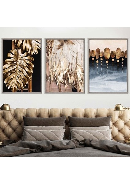 Gold Deve Tabanı & Taşlar &tüy Üçlü Çerçeve ve Poster Seti - G1002 fırsatları
