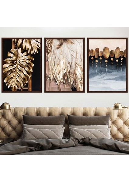 Gold Deve Tabanı & Taşlar &tüy Üçlü Çerçeve ve Poster Seti - G1002 indirimleri