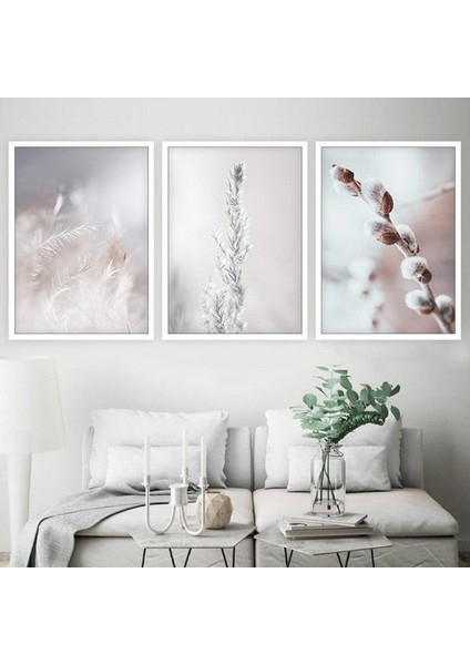 Beyaz Bitkiler Üçlü Çerçeve ve Poster Seti - B1004