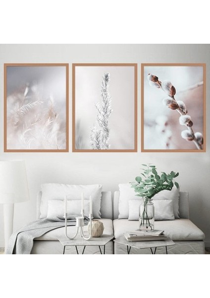 Beyaz Bitkiler Üçlü Çerçeve ve Poster Seti - B1004
