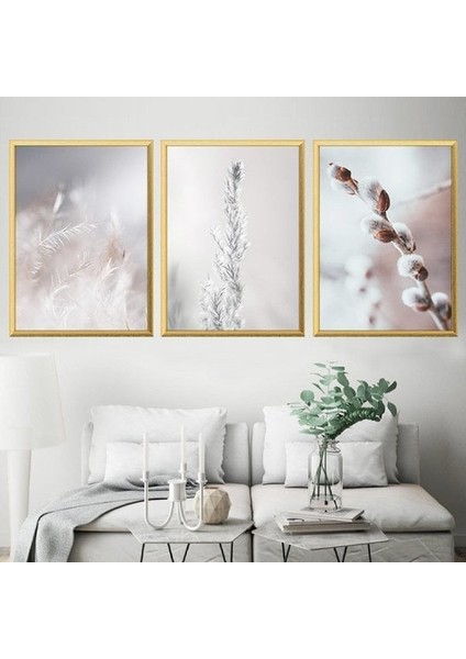 Beyaz Bitkiler Üçlü Çerçeve ve Poster Seti - B1004