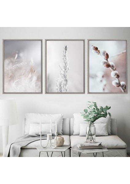 Beyaz Bitkiler Üçlü Çerçeve ve Poster Seti - B1004