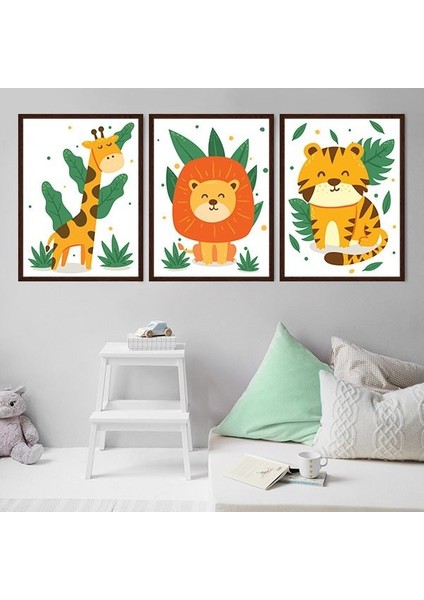 Yapraklarla Zürafa, Aslan ve Kaplan Üçlü Çerçeve ve Poster Seti - HA1029