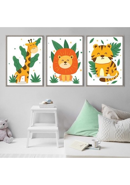 Yapraklarla Zürafa, Aslan ve Kaplan Üçlü Çerçeve ve Poster Seti - HA1029 fiyatları