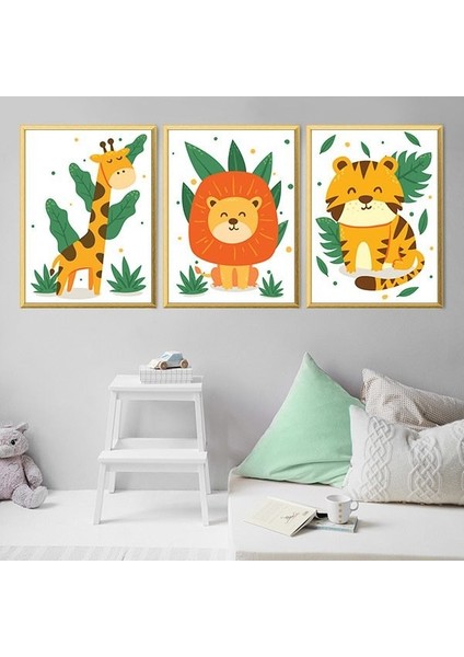 Yapraklarla Zürafa, Aslan ve Kaplan Üçlü Çerçeve ve Poster Seti - HA1029 modelleri