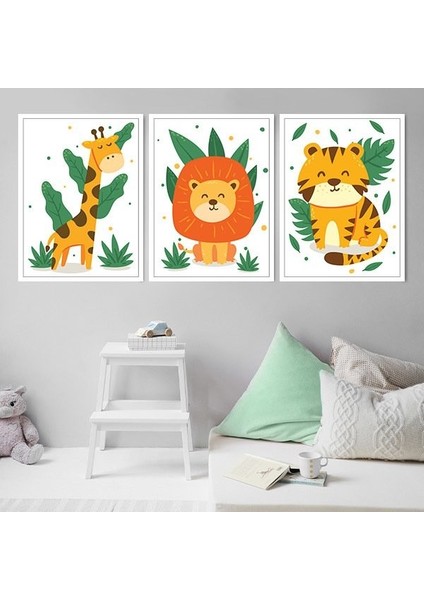 Yapraklarla Zürafa, Aslan ve Kaplan Üçlü Çerçeve ve Poster Seti - HA1029 fırsatları