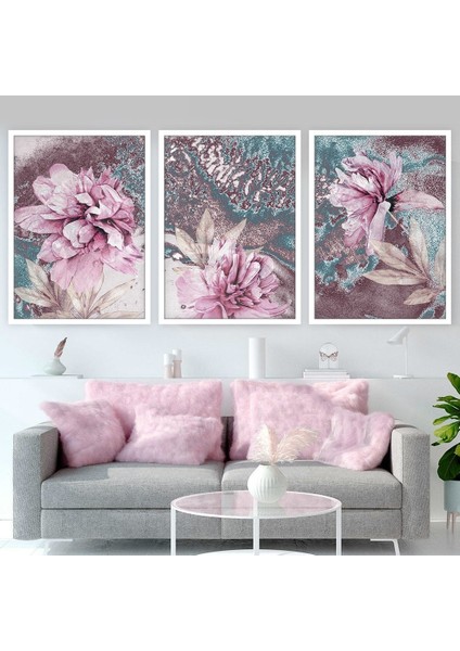 Pembe Lotus Üçlü Çerçeve ve Poster Seti - B1032