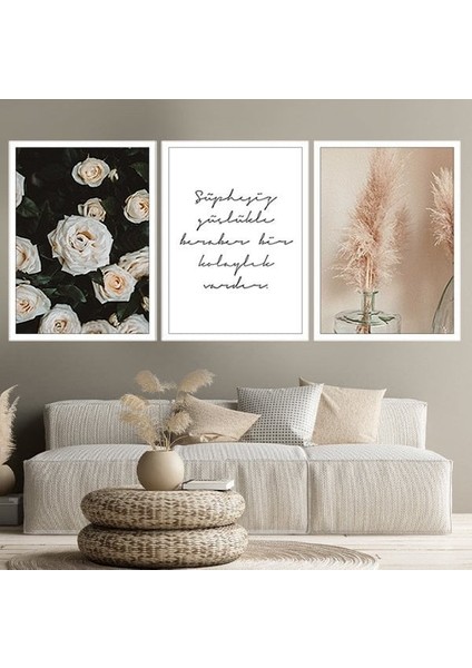 Pampas & Gül Üçlü Çerçeve ve Poster Seti -B1003
