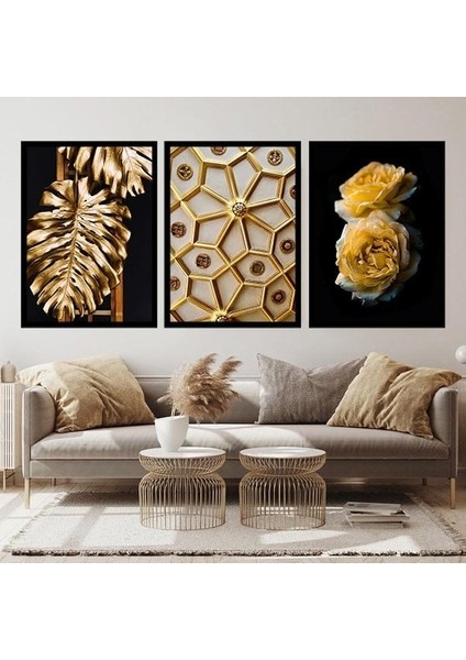 Gold Deve Tabanı & Güller & Yıldız Üçlü Çerçeve ve Poster Seti - G1003