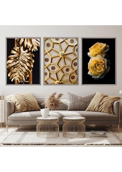 Gold Deve Tabanı & Güller & Yıldız Üçlü Çerçeve ve Poster Seti - G1003 fırsatları