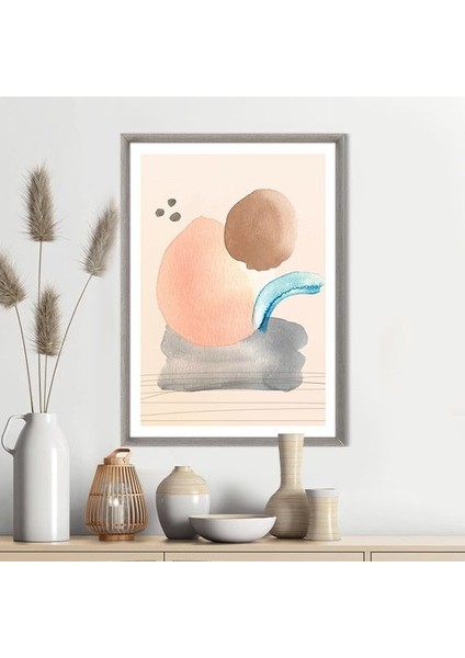 Sulu Boya Pembe - Kahve -Gri Temalı 3 Çerçeve ve Poster - IL1060