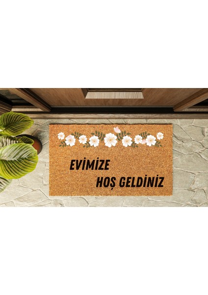 Kapı Önü Paspası Özel Tasarım Koko Model Evimize Hoşgeldiniz Çiçek Şeritli PK-1534