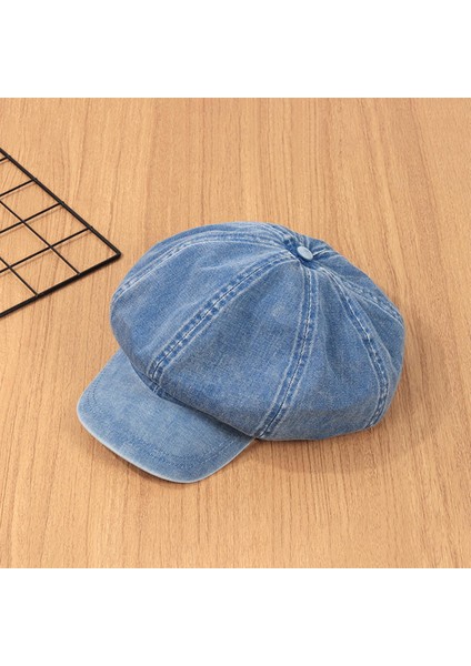Denim Pamuk Newsboy Şapka Kadınlar Için Düz Kapaklar Kızlar Sekizgen Şapka Açık Mavi (Yurt Dışından)