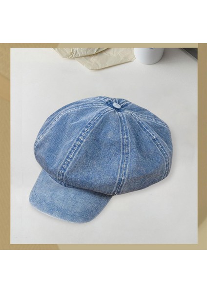 Denim Pamuk Newsboy Şapka Kadınlar Için Düz Kapaklar Kızlar Sekizgen Şapka Açık Mavi (Yurt Dışından)