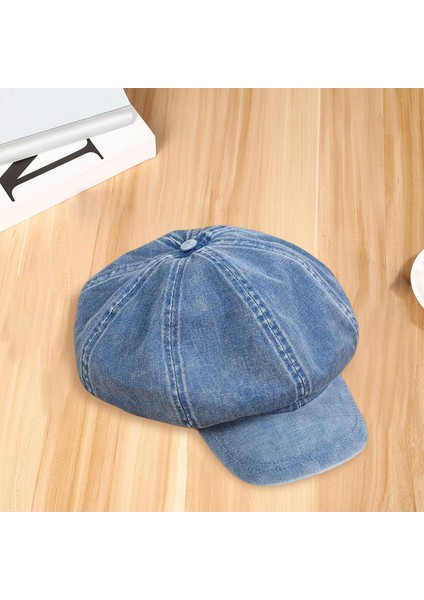 Denim Pamuk Newsboy Şapka Kadınlar Için Düz Kapaklar Kızlar Sekizgen Şapka Açık Mavi (Yurt Dışından)