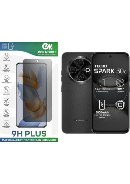 Tecno Spark 30C Ekran Koruyucu Tam Uyumlu 9h Esnek Nano Kırılmayan Mat Hayalet(Privacy)