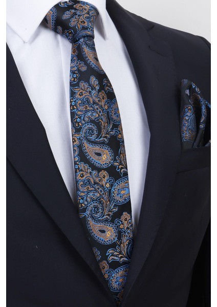 Hand Made 7.5 cm Sarı-Mavi & Siyah Damla Desen Mendilli Kravat