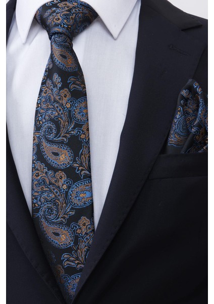 Hand Made 7.5 cm Sarı-Mavi & Siyah Damla Desen Mendilli Kravat fiyatları
