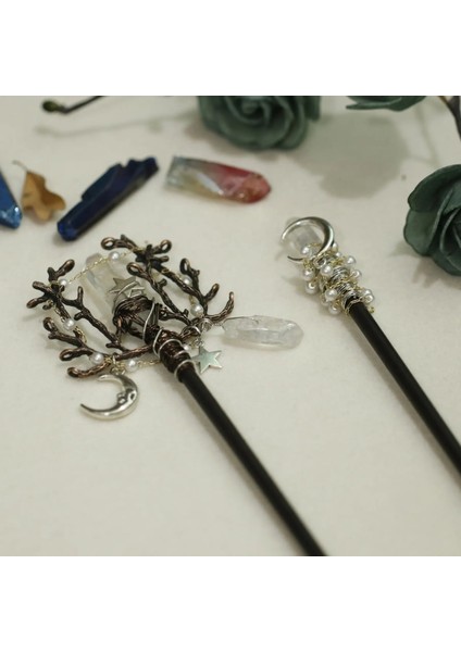 Kırmızı El Yapımı El Sanatları Vintage Wicca Ay Yıldızları Kristal Firkete Cadı Dalı Beyaz Kuvars Saç Sopa Özel Gelin Düğün Hediyesi (Yurt Dışından) indirimleri