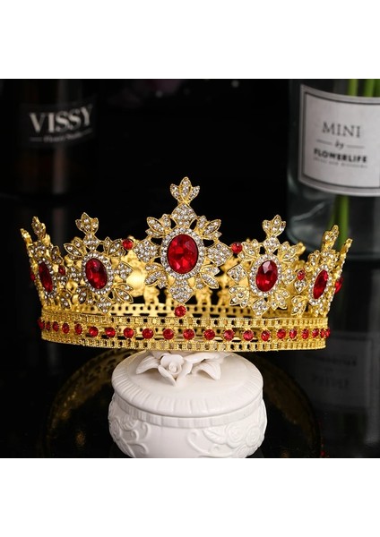 Gümüş Rengi Yeni Tasarım Büyük Yuvarlak Tiaras ve Taçlar Altın Kırmızı Kristal Diadem Kraliçe Prenses Kral Gelin Düğün Saç Aksesuarları Başlığı (Yurt Dışından) fiyatları
